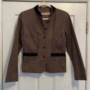 Johnny Was Brown Cotton Military Utility Jacket Velvet Trim Star Buttons, Size S